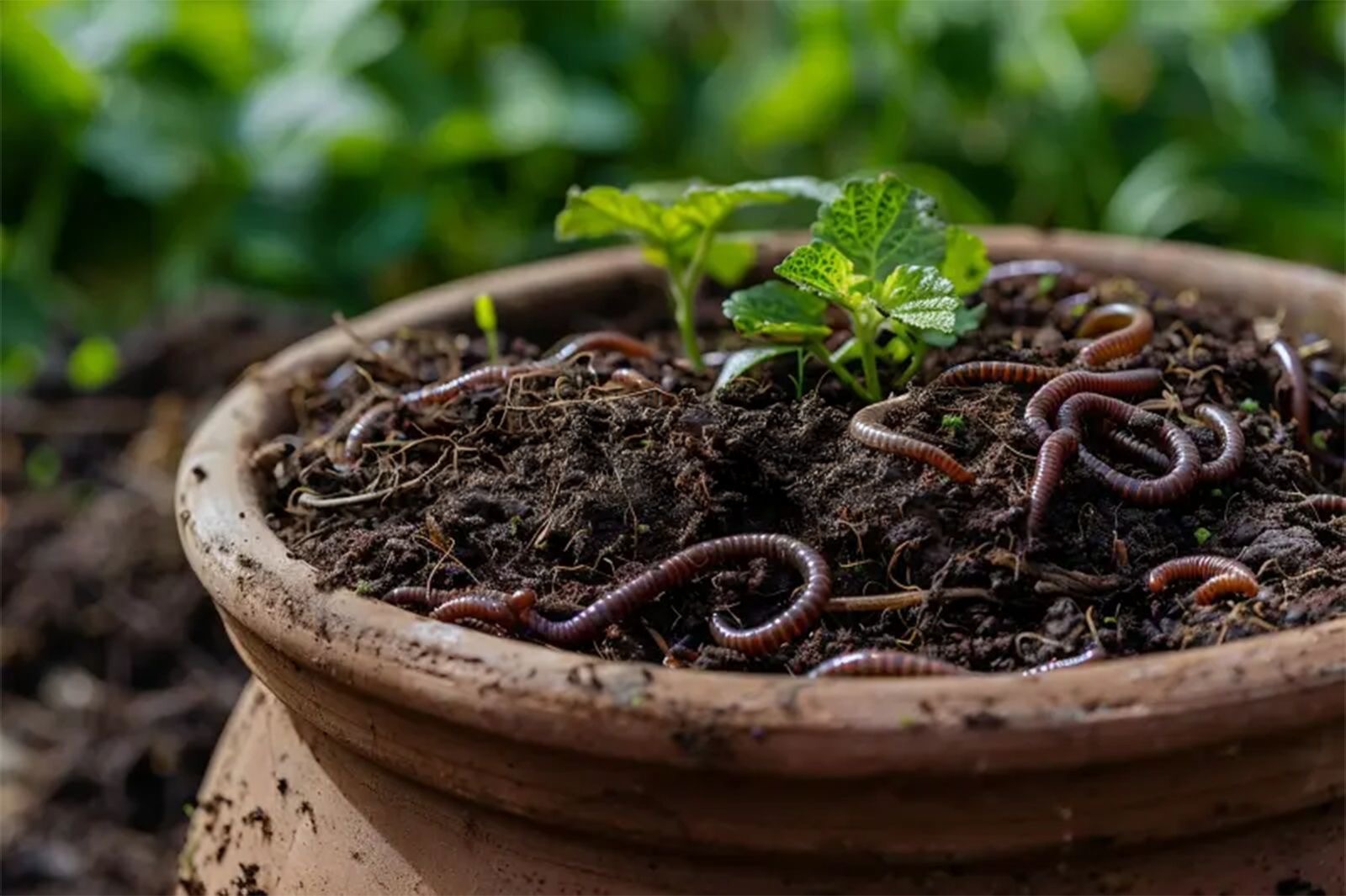 Earthworms enriching soil in a pot